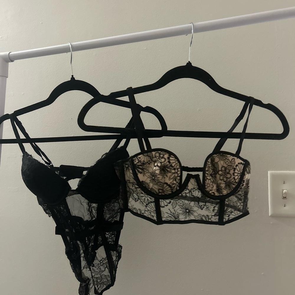 Victoria's Secret Black and Cream Lace Bra and Bodysuit